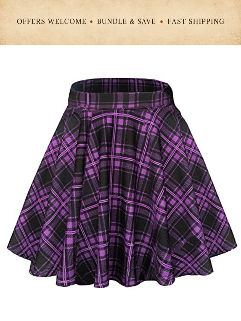 Stretchy Flared Mini Skater Skirt A-Line Casual Plaid High Rise